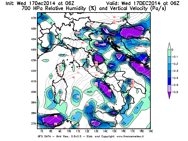 Mappa di analisi GFS - Umidità relativa [%] e Omega [Pa/s] a 700 hPa in Italia
									del 17/12/2014 06 <!--googleoff: index-->UTC<!--googleon: index-->