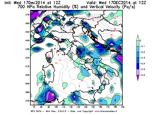 Mappa di analisi GFS - Umidità relativa [%] e Omega [Pa/s] a 700 hPa in Italia
									del 17/12/2014 12 <!--googleoff: index-->UTC<!--googleon: index-->