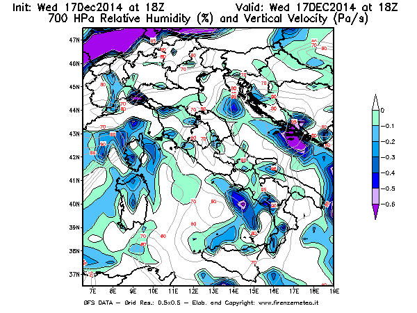Mappa di analisi GFS - Umidità relativa [%] e Omega [Pa/s] a 700 hPa in Italia
									del 17/12/2014 18 <!--googleoff: index-->UTC<!--googleon: index-->