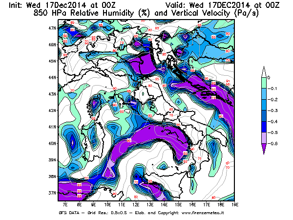 Mappa di analisi GFS - Umidità relativa [%] e Omega [Pa/s] a 850 hPa in Italia
									del 17/12/2014 00 <!--googleoff: index-->UTC<!--googleon: index-->