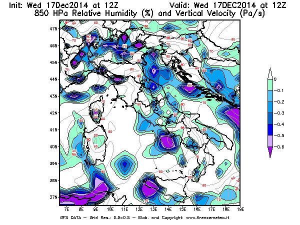 Mappa di analisi GFS - Umidità relativa [%] e Omega [Pa/s] a 850 hPa in Italia
									del 17/12/2014 12 <!--googleoff: index-->UTC<!--googleon: index-->