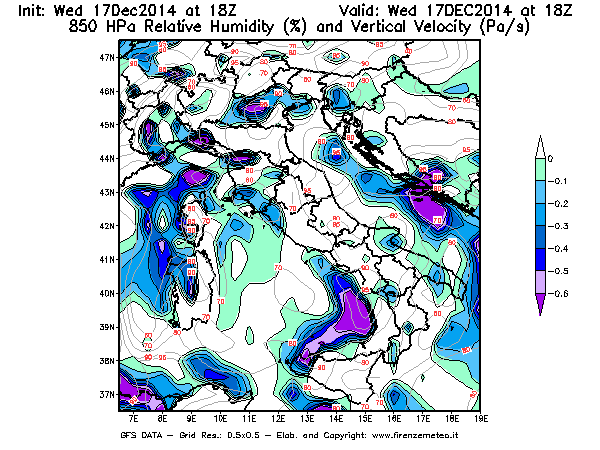 Mappa di analisi GFS - Umidità relativa [%] e Omega [Pa/s] a 850 hPa in Italia
									del 17/12/2014 18 <!--googleoff: index-->UTC<!--googleon: index-->