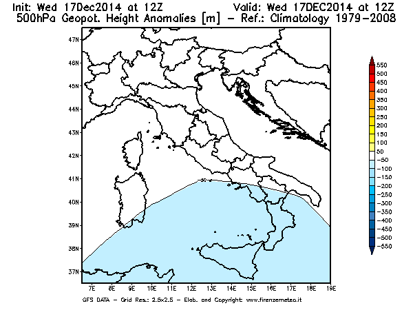 Mappa di analisi GFS - Anomalia di Geopotenziale a 500 hPa in Italia
									del 17/12/2014 12 <!--googleoff: index-->UTC<!--googleon: index-->