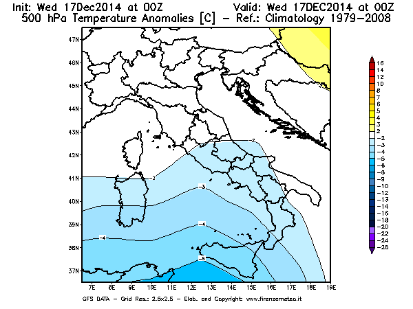 Mappa di analisi GFS - Anomalia Temperatura [°C] a 500 hPa in Italia
									del 17/12/2014 00 <!--googleoff: index-->UTC<!--googleon: index-->