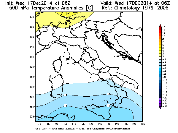 Mappa di analisi GFS - Anomalia Temperatura [°C] a 500 hPa in Italia
									del 17/12/2014 06 <!--googleoff: index-->UTC<!--googleon: index-->