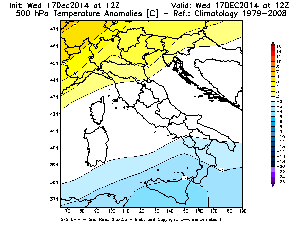Mappa di analisi GFS - Anomalia Temperatura [°C] a 500 hPa in Italia
									del 17/12/2014 12 <!--googleoff: index-->UTC<!--googleon: index-->