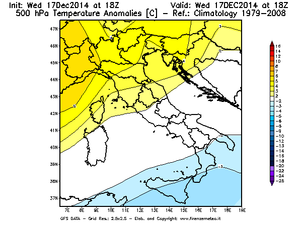Mappa di analisi GFS - Anomalia Temperatura [°C] a 500 hPa in Italia
									del 17/12/2014 18 <!--googleoff: index-->UTC<!--googleon: index-->