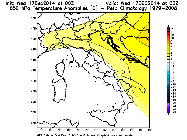 Mappa di analisi GFS - Anomalia Temperatura [°C] a 850 hPa in Italia
									del 17/12/2014 00 <!--googleoff: index-->UTC<!--googleon: index-->