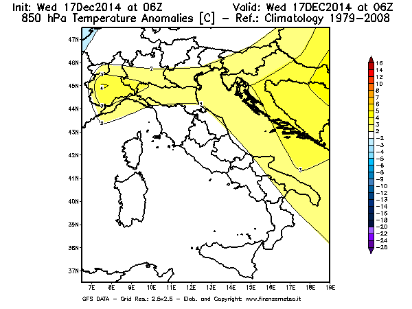 Mappa di analisi GFS - Anomalia Temperatura [°C] a 850 hPa in Italia
									del 17/12/2014 06 <!--googleoff: index-->UTC<!--googleon: index-->