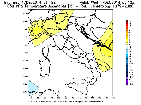 Mappa di analisi GFS - Anomalia Temperatura [°C] a 850 hPa in Italia
									del 17/12/2014 12 <!--googleoff: index-->UTC<!--googleon: index-->