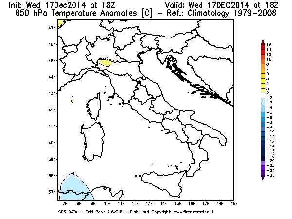 Mappa di analisi GFS - Anomalia Temperatura [°C] a 850 hPa in Italia
									del 17/12/2014 18 <!--googleoff: index-->UTC<!--googleon: index-->
