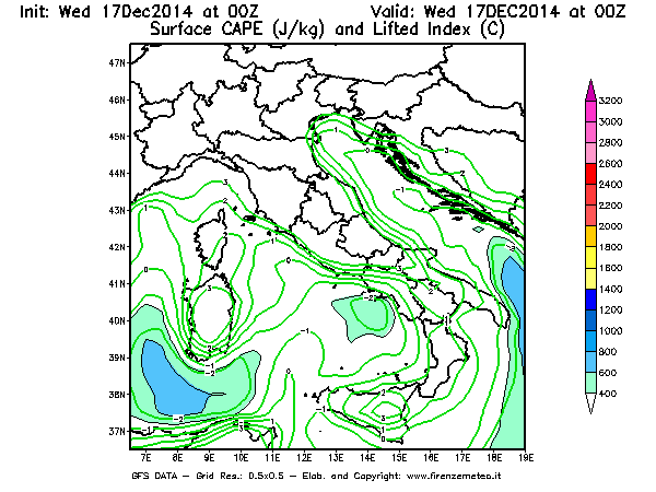 Mappa di analisi GFS - CAPE [J/kg] e Lifted Index [°C] in Italia
									del 17/12/2014 00 <!--googleoff: index-->UTC<!--googleon: index-->