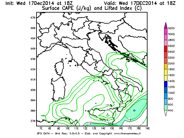 Mappa di analisi GFS - CAPE [J/kg] e Lifted Index [°C] in Italia
									del 17/12/2014 18 <!--googleoff: index-->UTC<!--googleon: index-->