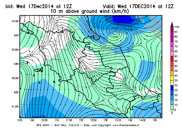 Mappa di analisi GFS - Velocità del vento a 10 metri dal suolo [km/h] in Centro-Italia
									del 17/12/2014 12 <!--googleoff: index-->UTC<!--googleon: index-->