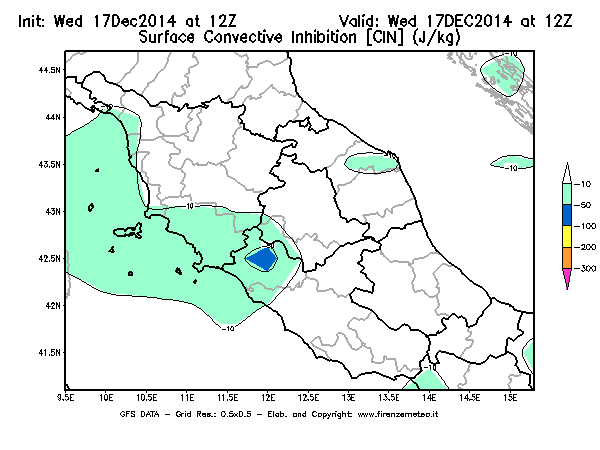 Mappa di analisi GFS - CIN [J/kg] in Centro-Italia
									del 17/12/2014 12 <!--googleoff: index-->UTC<!--googleon: index-->