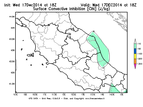 Mappa di analisi GFS - CIN [J/kg] in Centro-Italia
									del 17/12/2014 18 <!--googleoff: index-->UTC<!--googleon: index-->