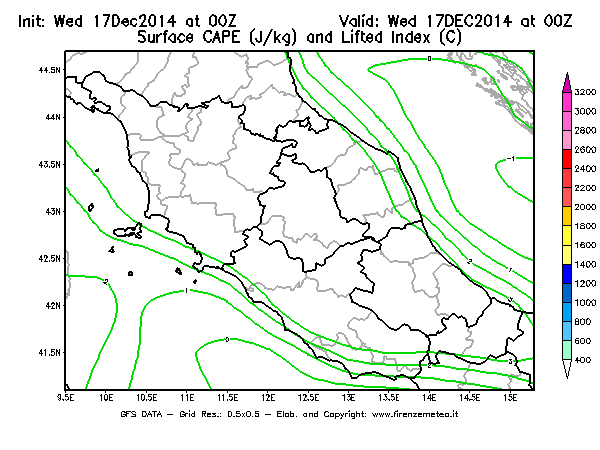 Mappa di analisi GFS - CAPE [J/kg] e Lifted Index [°C] in Centro-Italia
									del 17/12/2014 00 <!--googleoff: index-->UTC<!--googleon: index-->