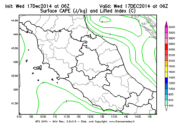 Mappa di analisi GFS - CAPE [J/kg] e Lifted Index [°C] in Centro-Italia
									del 17/12/2014 06 <!--googleoff: index-->UTC<!--googleon: index-->