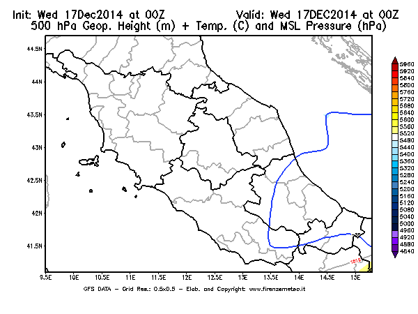 Mappa di analisi GFS - Geopotenziale [m] + Temp. [°C] a 500 hPa + Press. a livello del mare [hPa] in Centro-Italia
									del 17/12/2014 00 <!--googleoff: index-->UTC<!--googleon: index-->