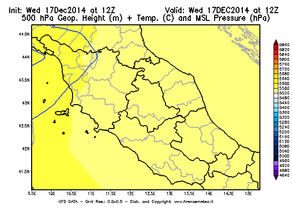 Mappa di analisi GFS - Geopotenziale [m] + Temp. [°C] a 500 hPa + Press. a livello del mare [hPa] in Centro-Italia
									del 17/12/2014 12 <!--googleoff: index-->UTC<!--googleon: index-->