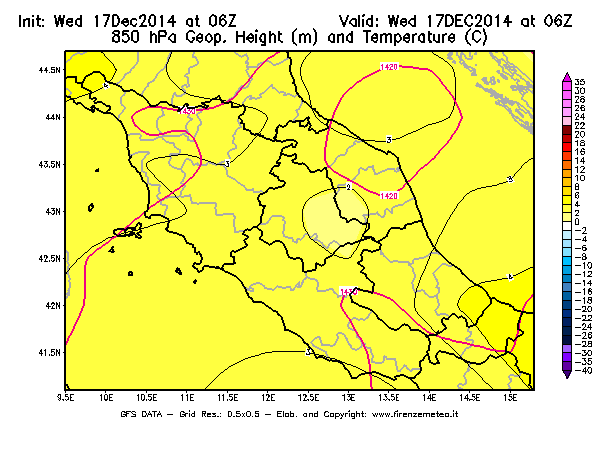 Mappa di analisi GFS - Geopotenziale [m] e Temperatura [°C] a 850 hPa in Centro-Italia
									del 17/12/2014 06 <!--googleoff: index-->UTC<!--googleon: index-->