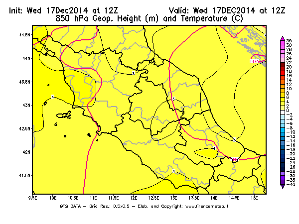 Mappa di analisi GFS - Geopotenziale [m] e Temperatura [°C] a 850 hPa in Centro-Italia
									del 17/12/2014 12 <!--googleoff: index-->UTC<!--googleon: index-->