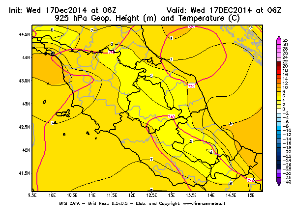 Mappa di analisi GFS - Geopotenziale [m] e Temperatura [°C] a 925 hPa in Centro-Italia
									del 17/12/2014 06 <!--googleoff: index-->UTC<!--googleon: index-->