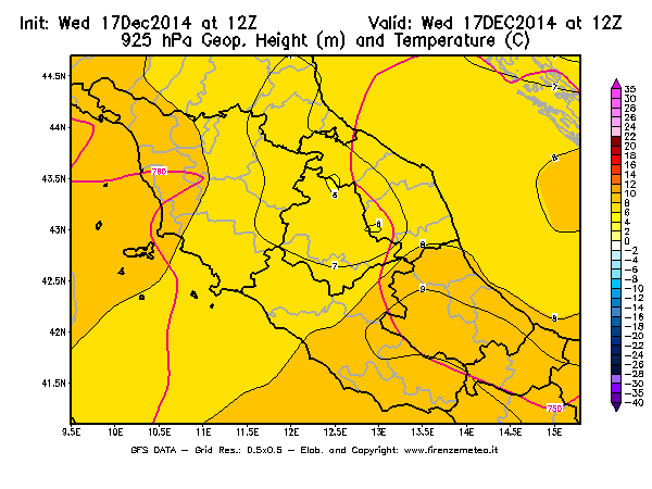 Mappa di analisi GFS - Geopotenziale [m] e Temperatura [°C] a 925 hPa in Centro-Italia
									del 17/12/2014 12 <!--googleoff: index-->UTC<!--googleon: index-->