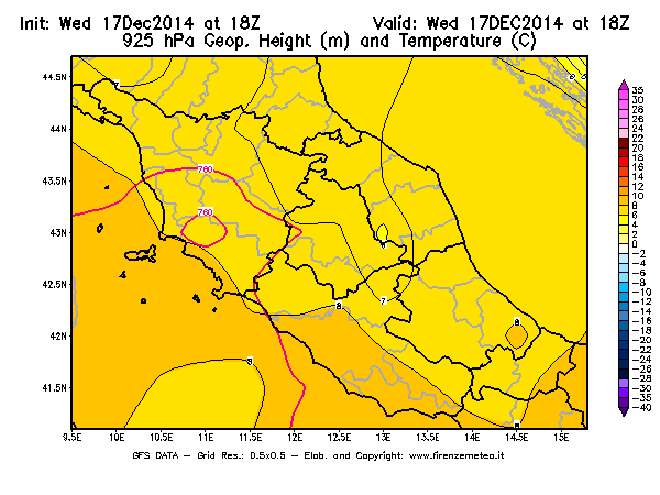 Mappa di analisi GFS - Geopotenziale [m] e Temperatura [°C] a 925 hPa in Centro-Italia
									del 17/12/2014 18 <!--googleoff: index-->UTC<!--googleon: index-->