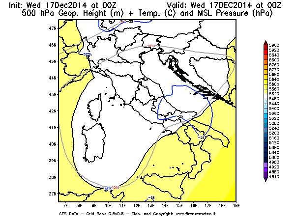Mappa di analisi GFS - Geopotenziale [m] + Temp. [°C] a 500 hPa + Press. a livello del mare [hPa] in Italia
									del 17/12/2014 00 <!--googleoff: index-->UTC<!--googleon: index-->