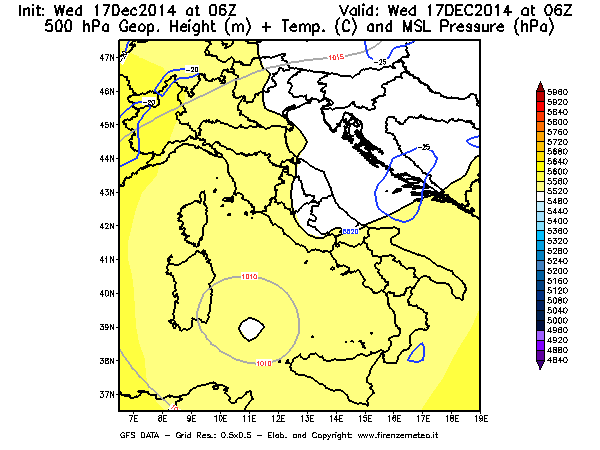 Mappa di analisi GFS - Geopotenziale [m] + Temp. [°C] a 500 hPa + Press. a livello del mare [hPa] in Italia
									del 17/12/2014 06 <!--googleoff: index-->UTC<!--googleon: index-->