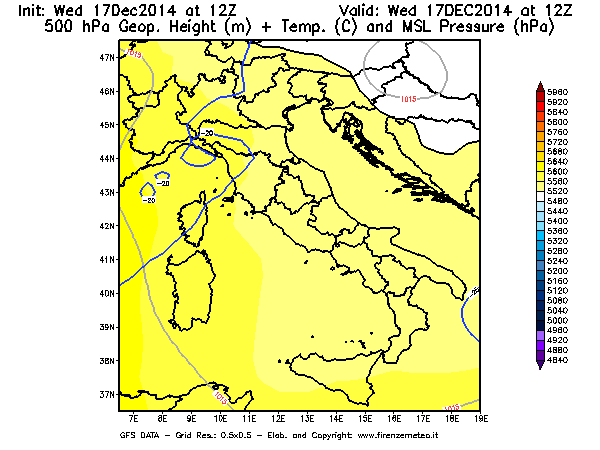 Mappa di analisi GFS - Geopotenziale [m] + Temp. [°C] a 500 hPa + Press. a livello del mare [hPa] in Italia
									del 17/12/2014 12 <!--googleoff: index-->UTC<!--googleon: index-->