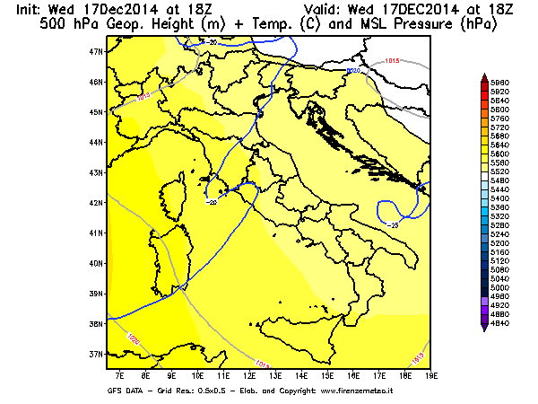 Mappa di analisi GFS - Geopotenziale [m] + Temp. [°C] a 500 hPa + Press. a livello del mare [hPa] in Italia
									del 17/12/2014 18 <!--googleoff: index-->UTC<!--googleon: index-->