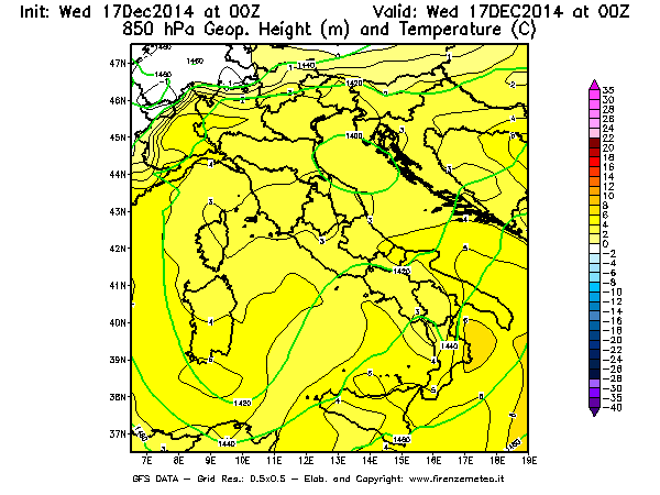 Mappa di analisi GFS - Geopotenziale [m] e Temperatura [°C] a 850 hPa in Italia
									del 17/12/2014 00 <!--googleoff: index-->UTC<!--googleon: index-->