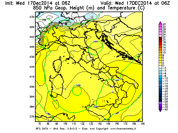 Mappa di analisi GFS - Geopotenziale [m] e Temperatura [°C] a 850 hPa in Italia
									del 17/12/2014 06 <!--googleoff: index-->UTC<!--googleon: index-->