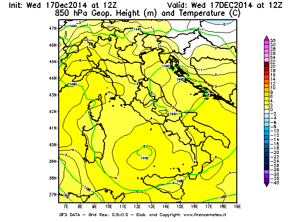 Mappa di analisi GFS - Geopotenziale [m] e Temperatura [°C] a 850 hPa in Italia
									del 17/12/2014 12 <!--googleoff: index-->UTC<!--googleon: index-->