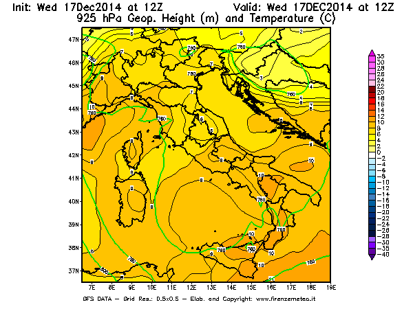 Mappa di analisi GFS - Geopotenziale [m] e Temperatura [°C] a 925 hPa in Italia
									del 17/12/2014 12 <!--googleoff: index-->UTC<!--googleon: index-->