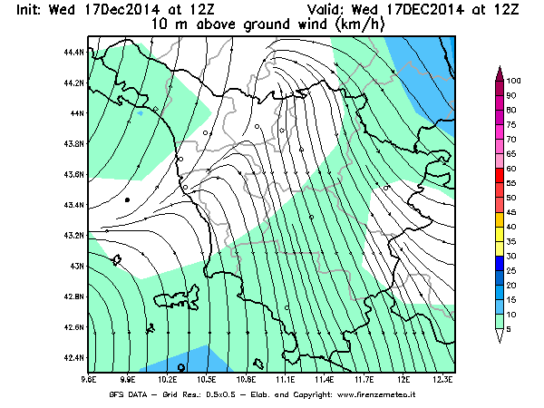 Mappa di analisi GFS - Velocità del vento a 10 metri dal suolo [km/h] in Toscana
									del 17/12/2014 12 <!--googleoff: index-->UTC<!--googleon: index-->