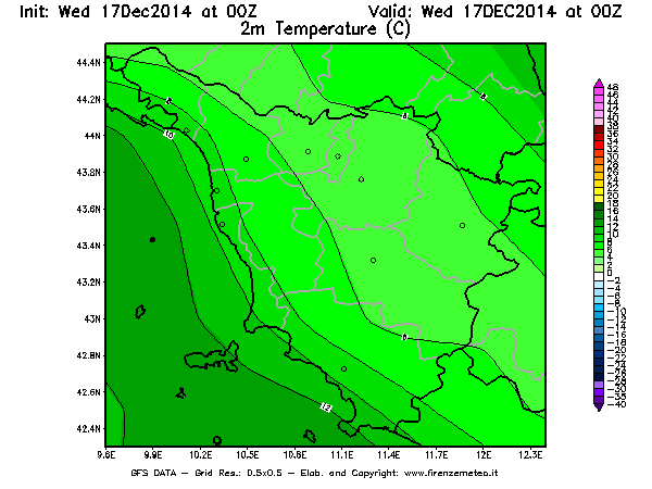 Mappa di analisi GFS - Temperatura a 2 metri dal suolo [°C] in Toscana
									del 17/12/2014 00 <!--googleoff: index-->UTC<!--googleon: index-->
