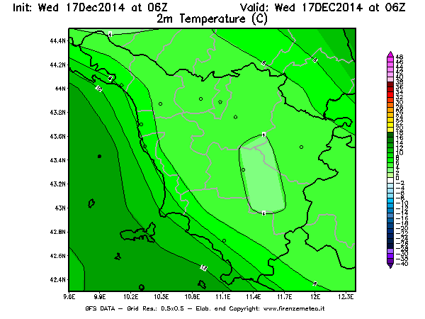 Mappa di analisi GFS - Temperatura a 2 metri dal suolo [°C] in Toscana
									del 17/12/2014 06 <!--googleoff: index-->UTC<!--googleon: index-->