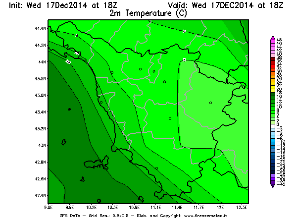 Mappa di analisi GFS - Temperatura a 2 metri dal suolo [°C] in Toscana
									del 17/12/2014 18 <!--googleoff: index-->UTC<!--googleon: index-->