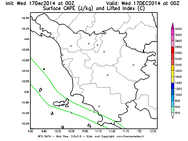 Mappa di analisi GFS - CAPE [J/kg] e Lifted Index [°C] in Toscana
									del 17/12/2014 00 <!--googleoff: index-->UTC<!--googleon: index-->
