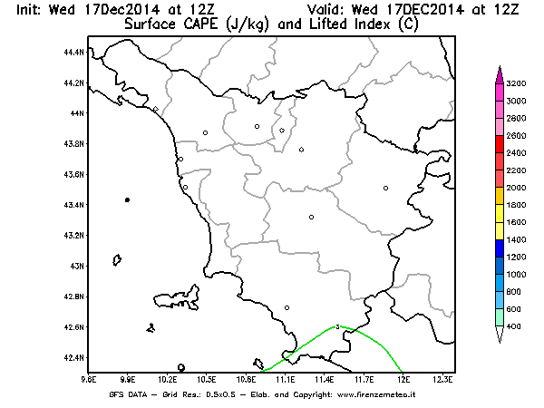 Mappa di analisi GFS - CAPE [J/kg] e Lifted Index [°C] in Toscana
									del 17/12/2014 12 <!--googleoff: index-->UTC<!--googleon: index-->