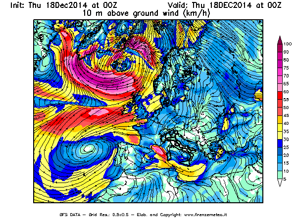 Mappa di analisi GFS - Velocità del vento a 10 metri dal suolo [km/h] in Europa
							del 18/12/2014 00 <!--googleoff: index-->UTC<!--googleon: index-->