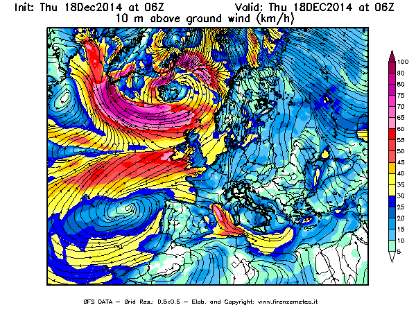 Mappa di analisi GFS - Velocità del vento a 10 metri dal suolo [km/h] in Europa
							del 18/12/2014 06 <!--googleoff: index-->UTC<!--googleon: index-->