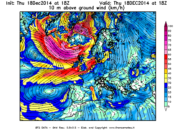 Mappa di analisi GFS - Velocità del vento a 10 metri dal suolo [km/h] in Europa
							del 18/12/2014 18 <!--googleoff: index-->UTC<!--googleon: index-->