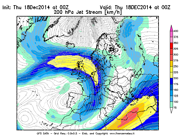 Mappa di analisi GFS - Jet Stream a 200 hPa in Europa
							del 18/12/2014 00 <!--googleoff: index-->UTC<!--googleon: index-->