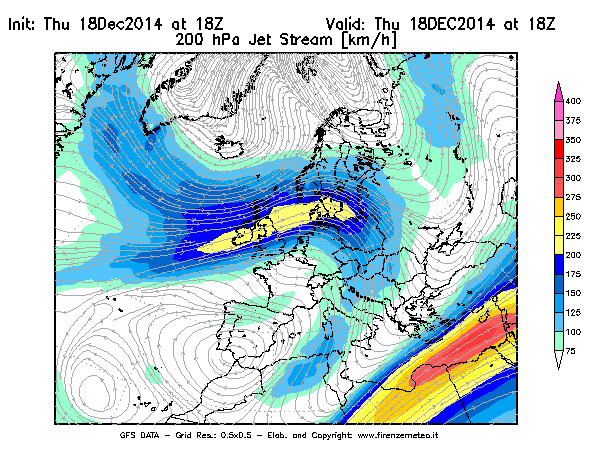 Mappa di analisi GFS - Jet Stream a 200 hPa in Europa
							del 18/12/2014 18 <!--googleoff: index-->UTC<!--googleon: index-->