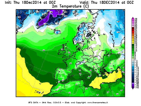 Mappa di analisi GFS - Temperatura a 2 metri dal suolo [°C] in Europa
							del 18/12/2014 00 <!--googleoff: index-->UTC<!--googleon: index-->