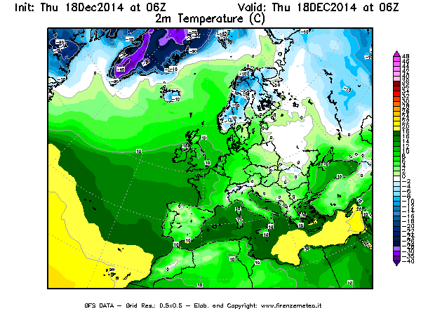 Mappa di analisi GFS - Temperatura a 2 metri dal suolo [°C] in Europa
							del 18/12/2014 06 <!--googleoff: index-->UTC<!--googleon: index-->